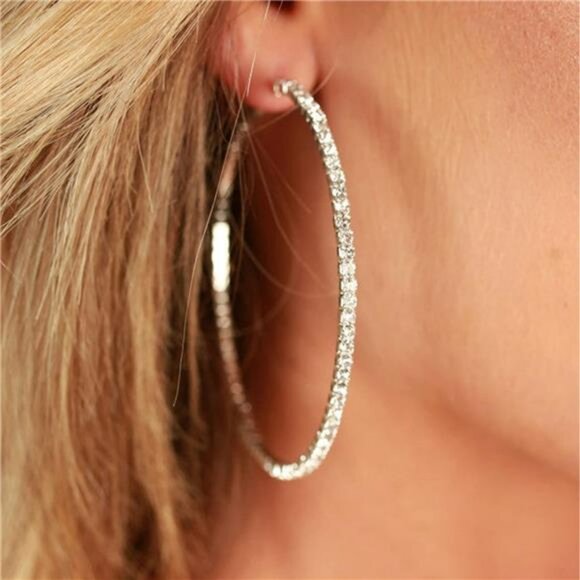 Sterling Silver Rhinestone Hoop Earrings Large Sparkly Cubic Zirconia Hoops Wome - Picture 4 of 7